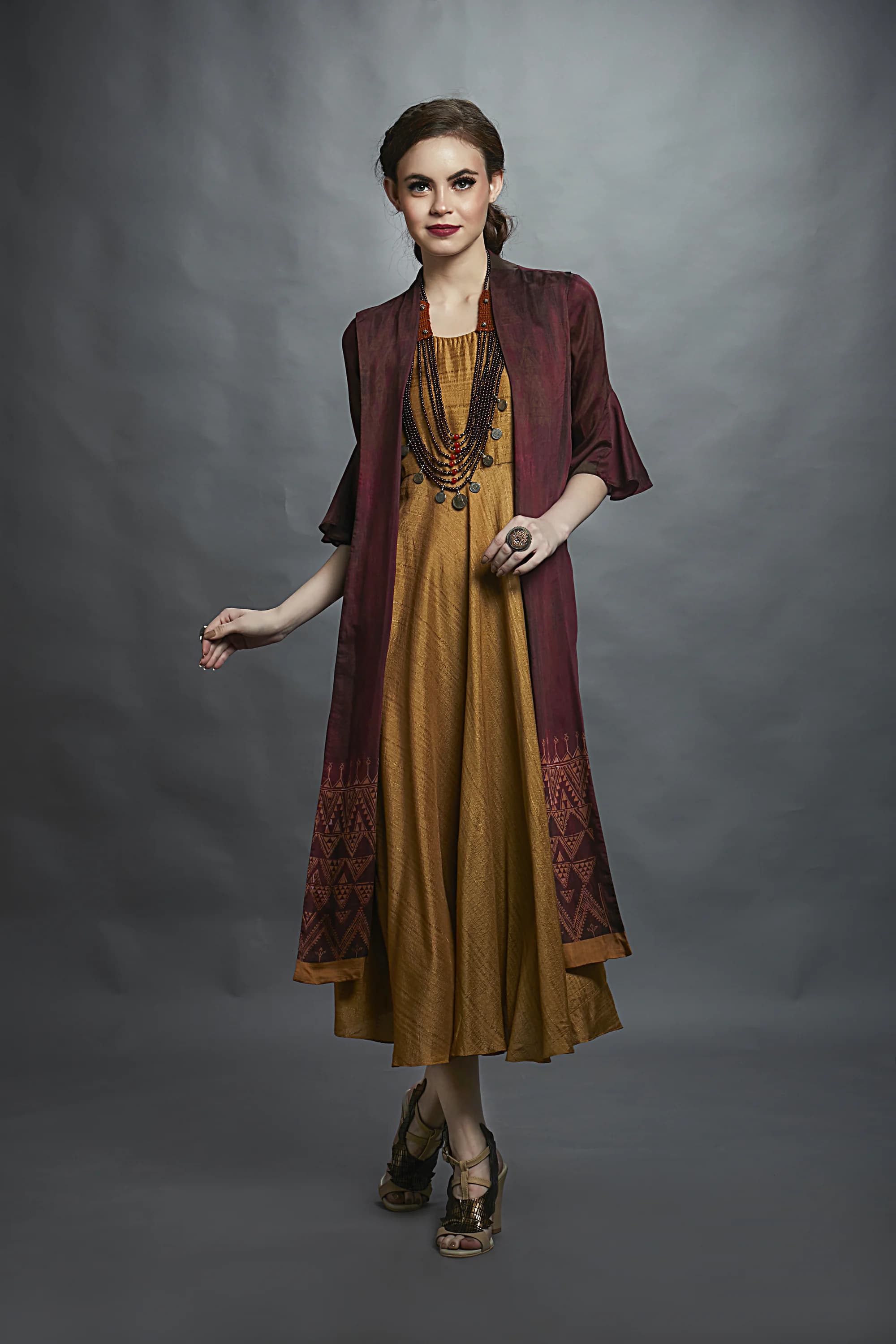 Maroon gold combo in tribal print