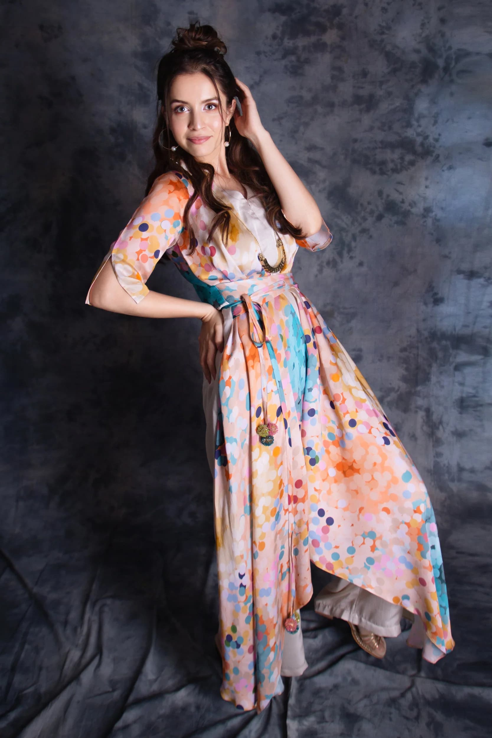 peach multicolour floral dot print