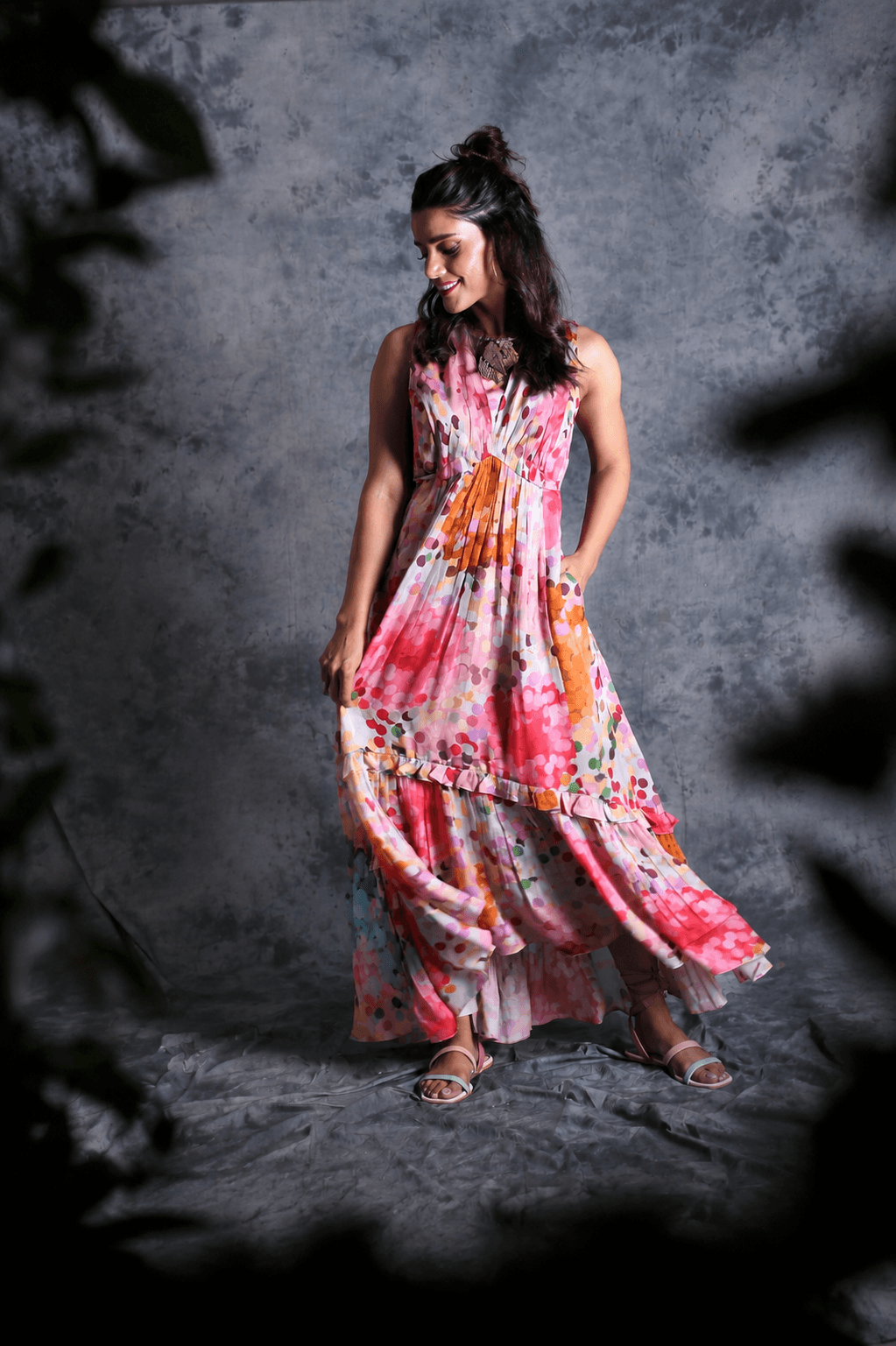 Pink red multicolour floral dot print