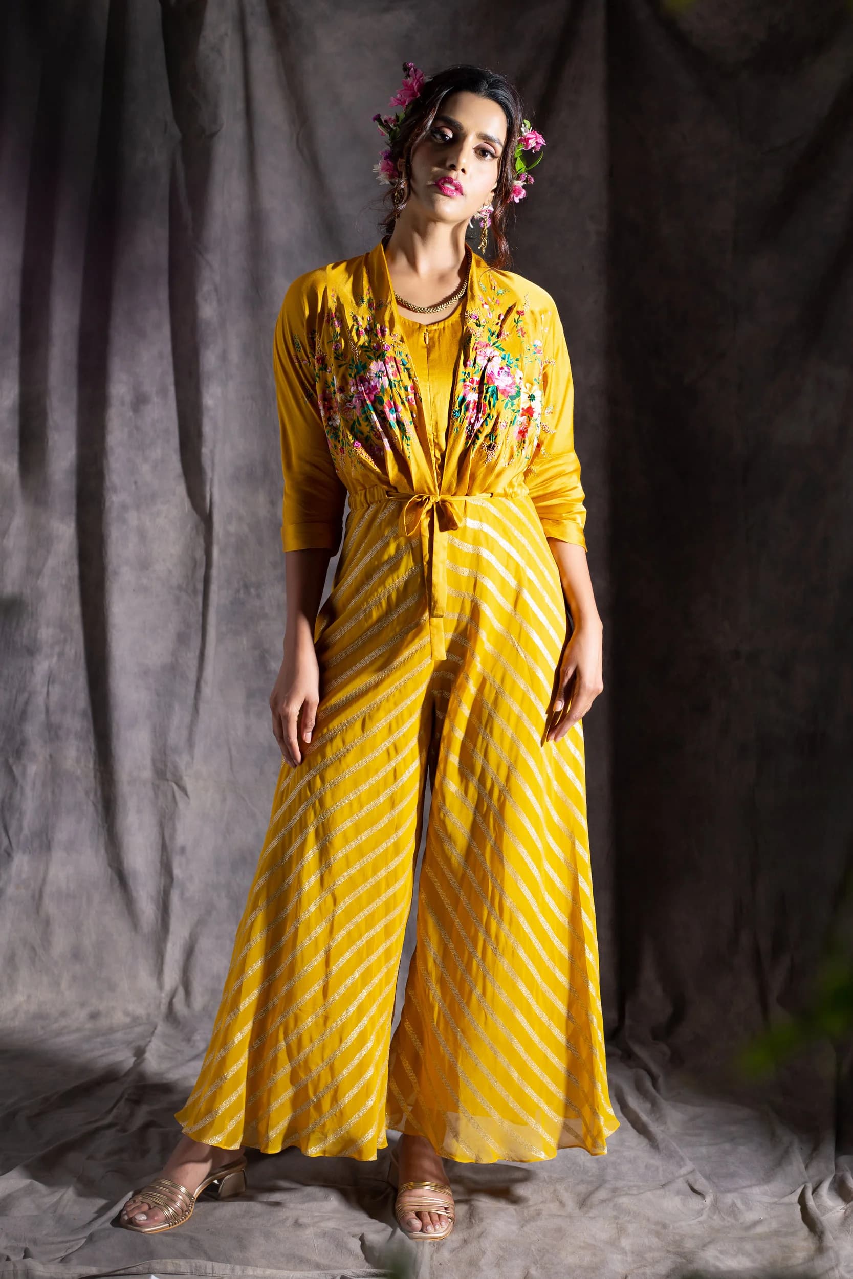 Solid Mustard with multi colour handpainted florals