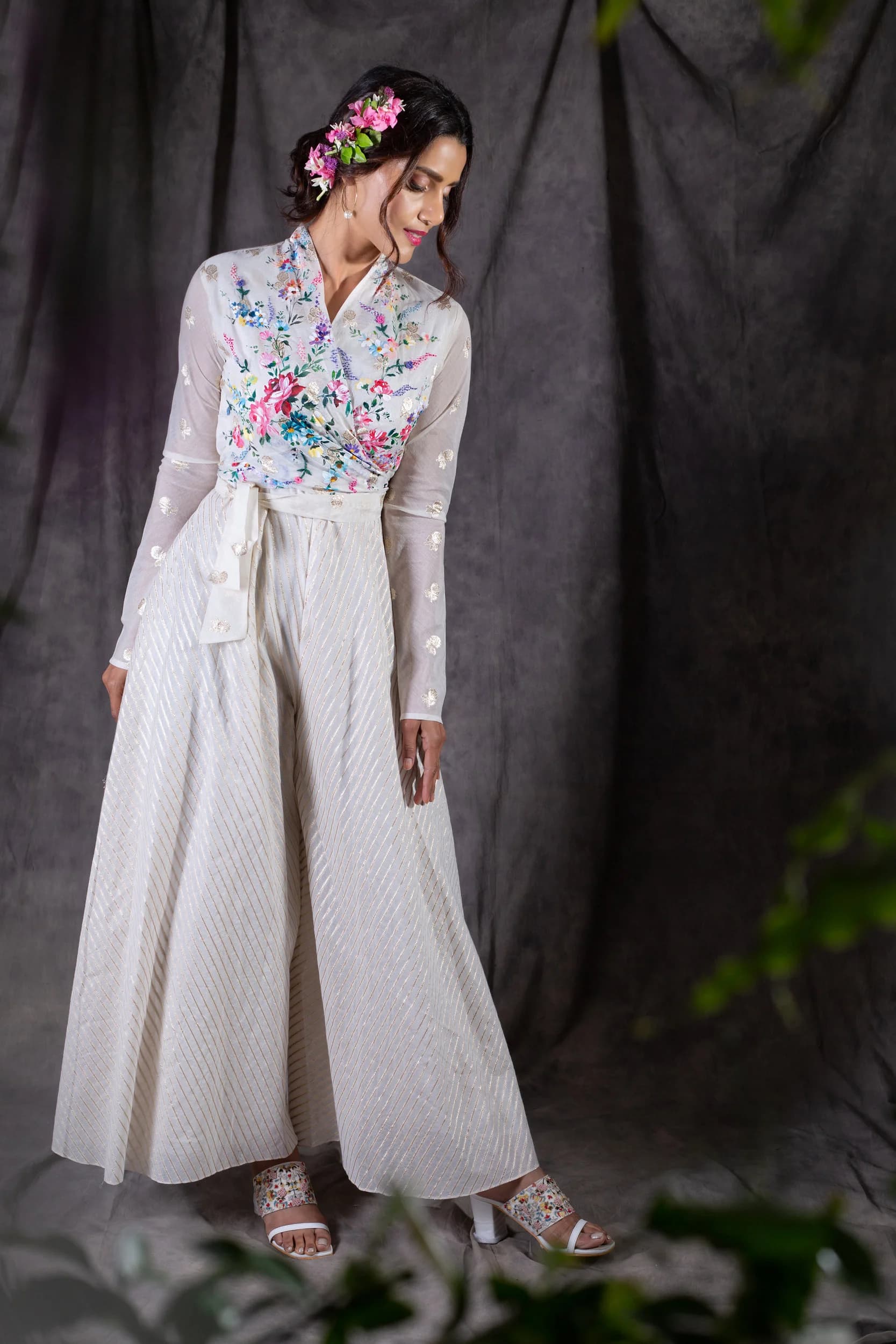 Solid Ivory with multi colour handpainted florals
