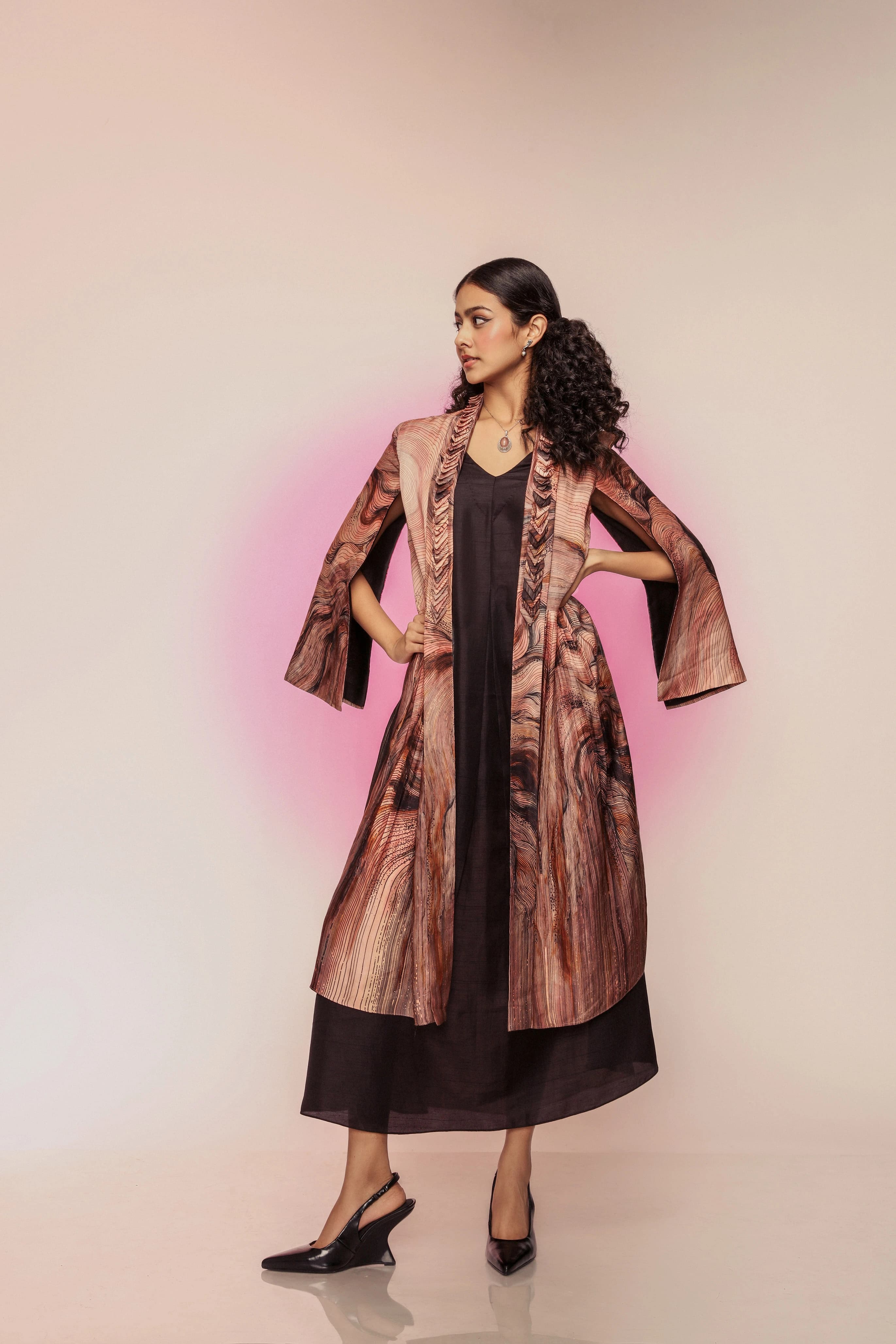 pale pink wave geometric print with solid black under dress