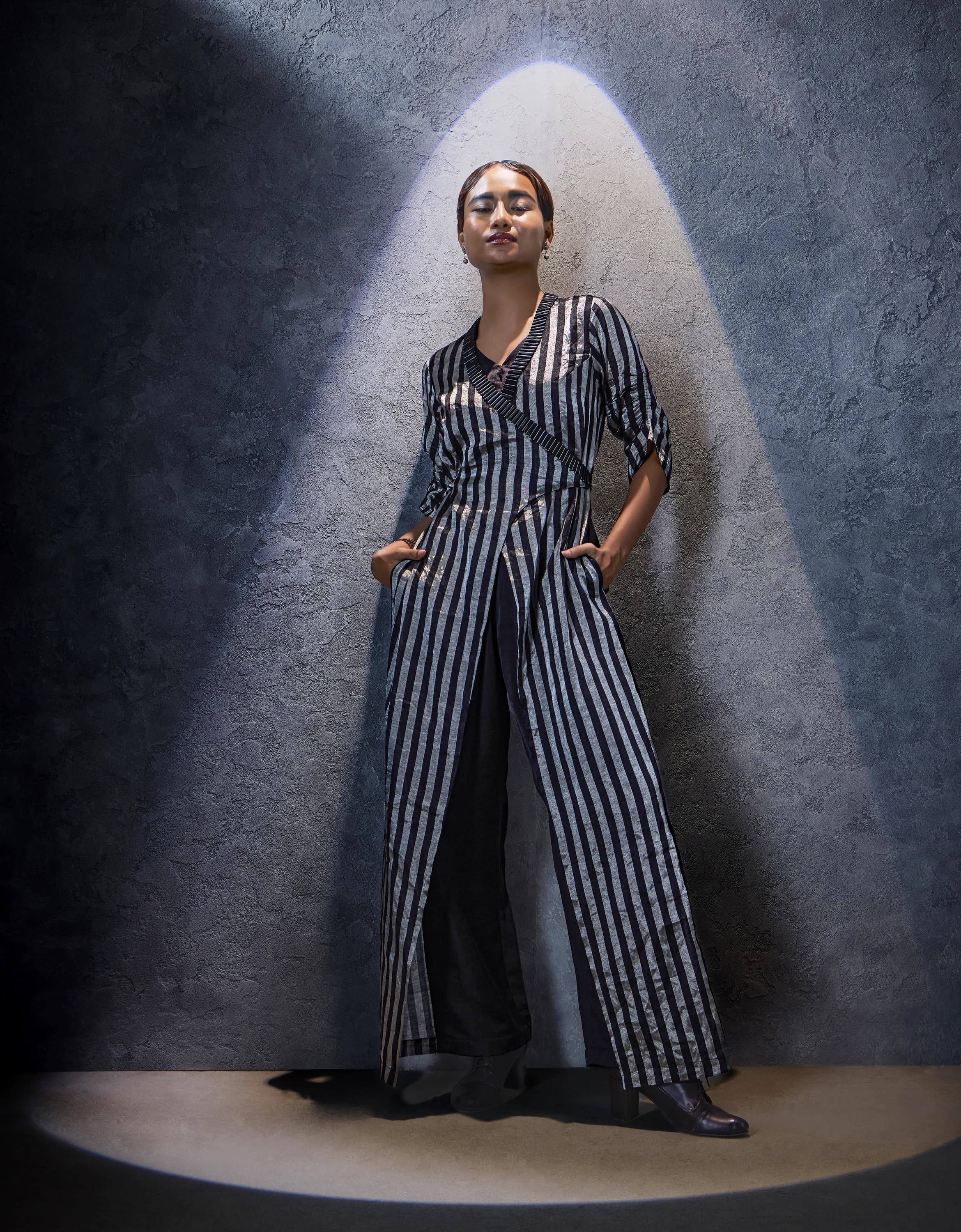 Black and Silver striped zari tissue