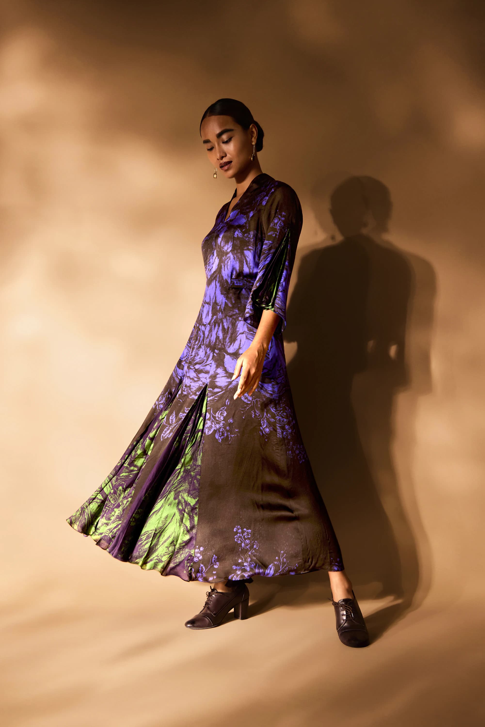 Sketch rose print in black/green/purple print combo