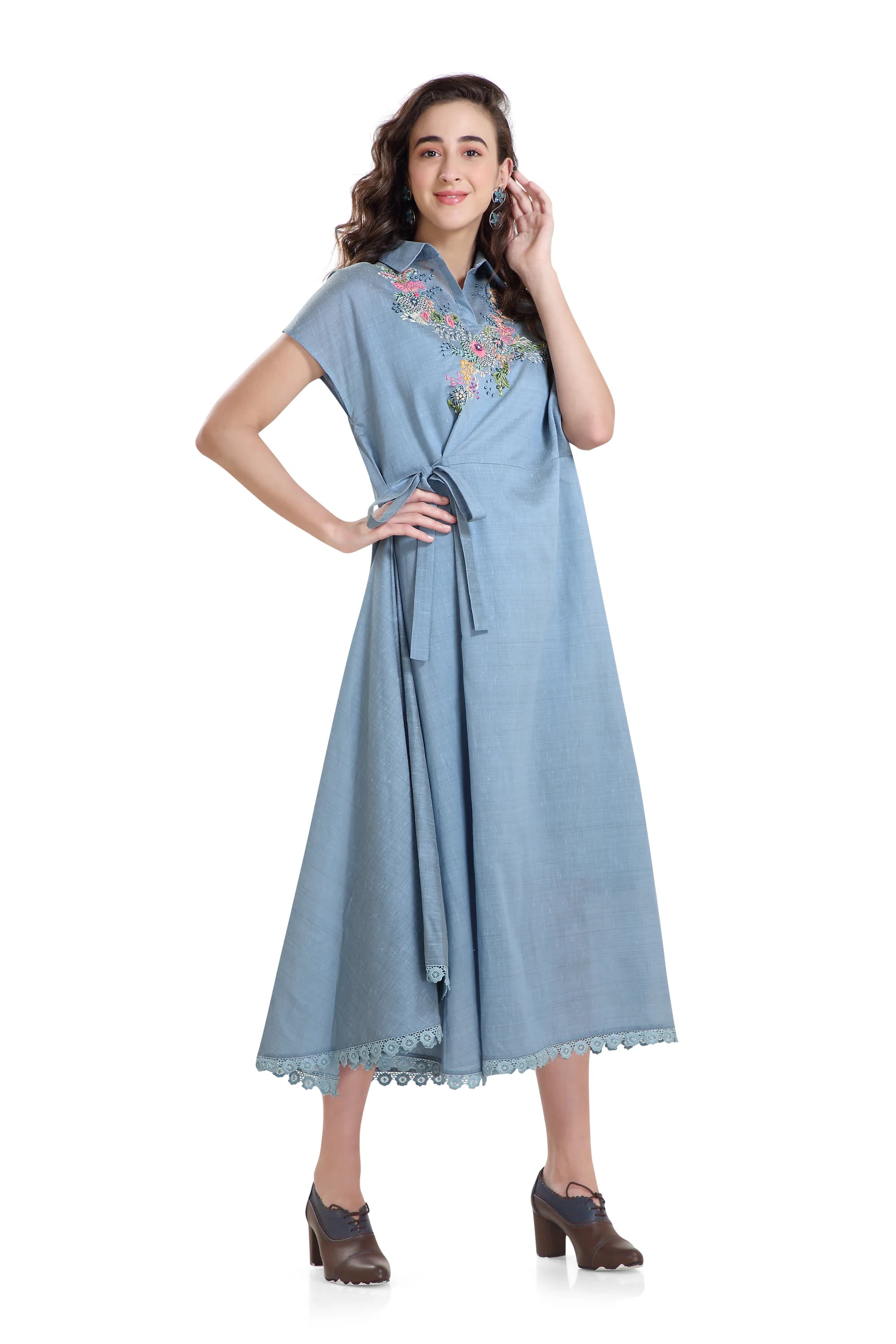 Slate blue with multicolour threadwork hand embroidery