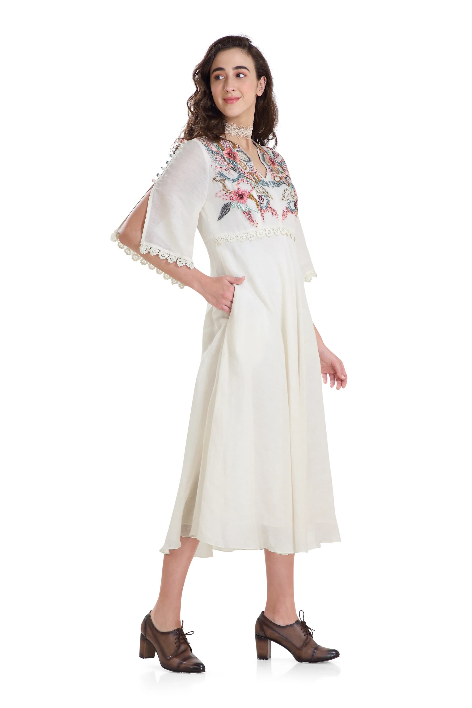 Ivory with multicolour threadwork hand embroidery