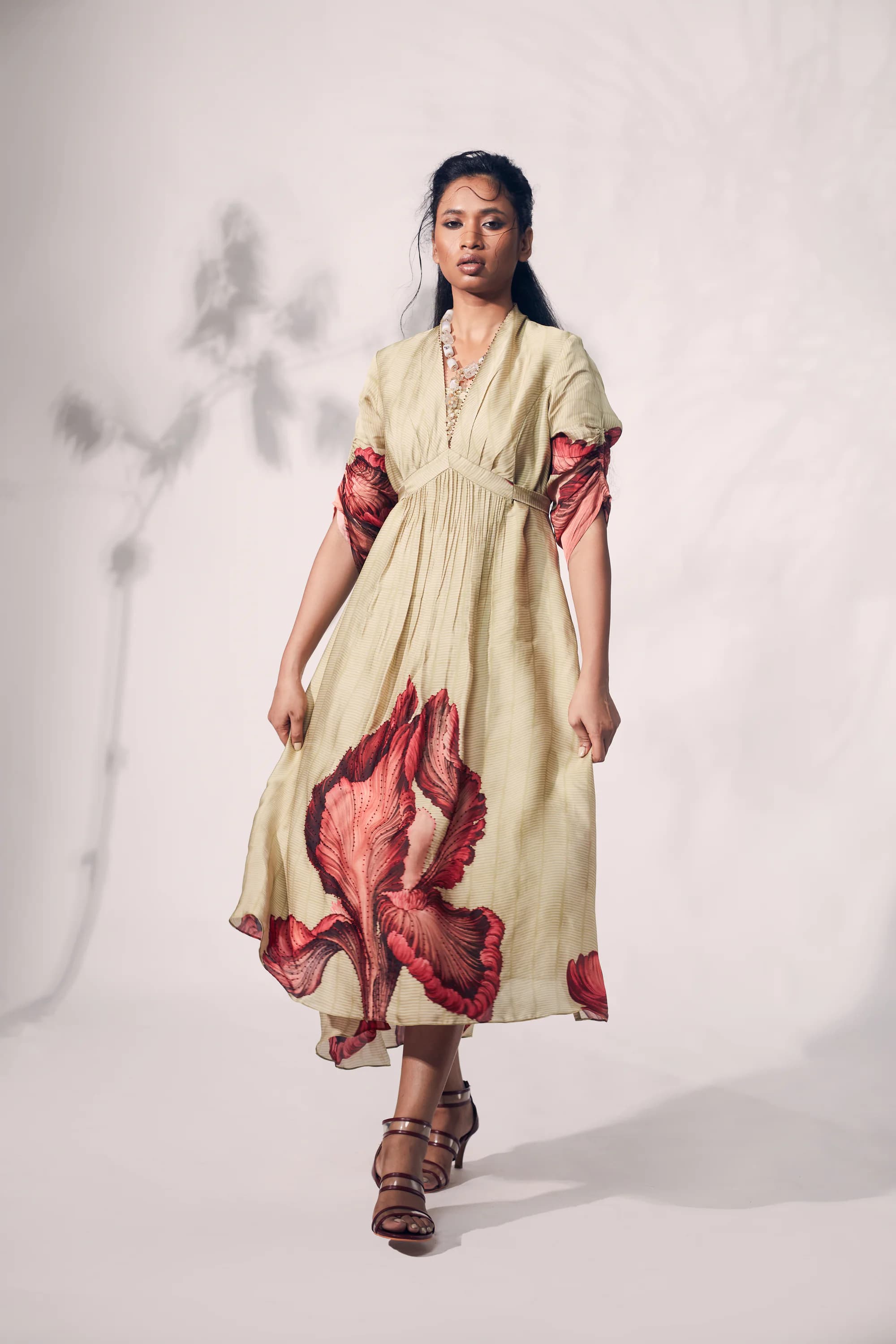 Green Bamboo print with red chrysanthemum printed flower.