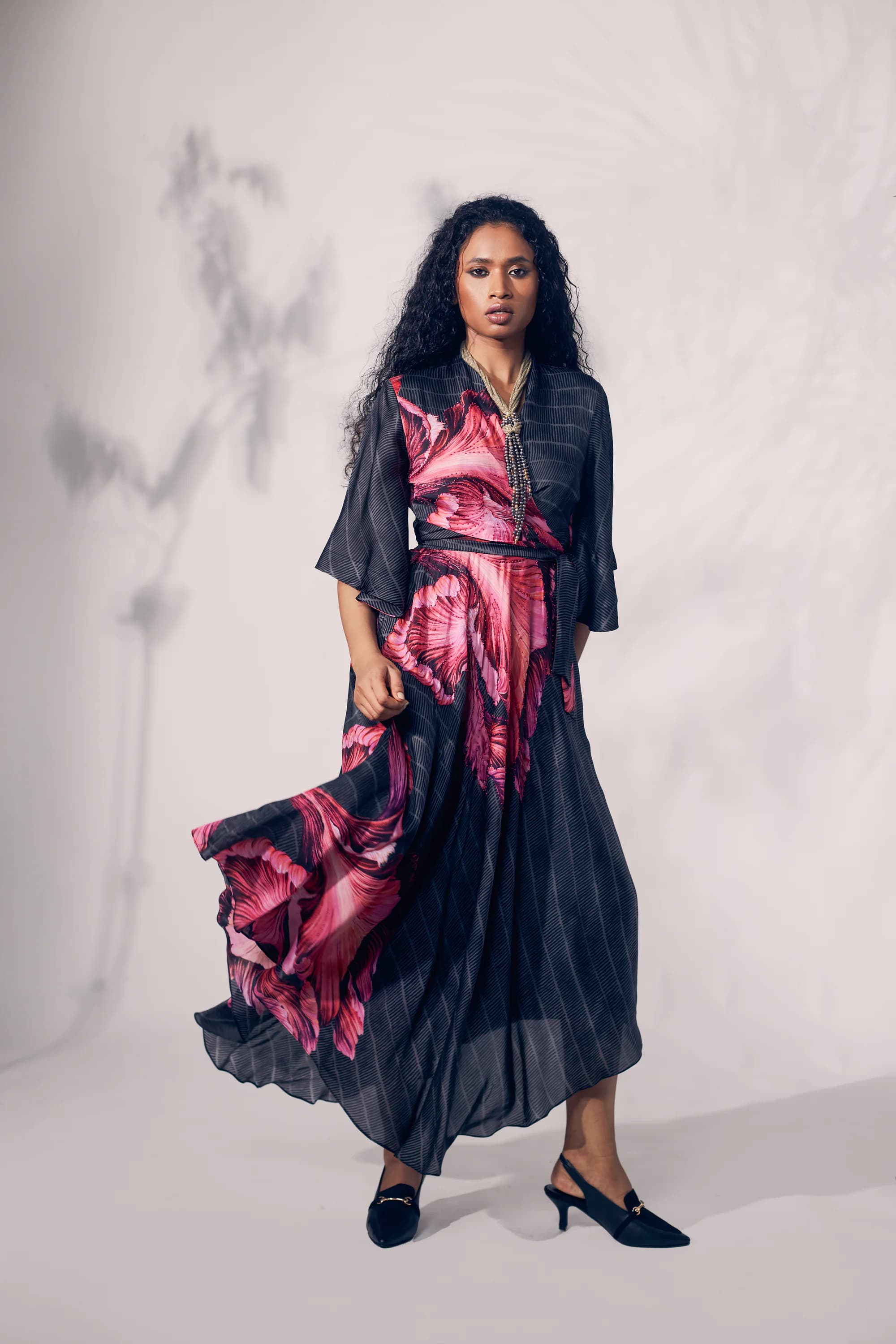 Black Grey Bamboo print with pink chrysanthemum printed flower.