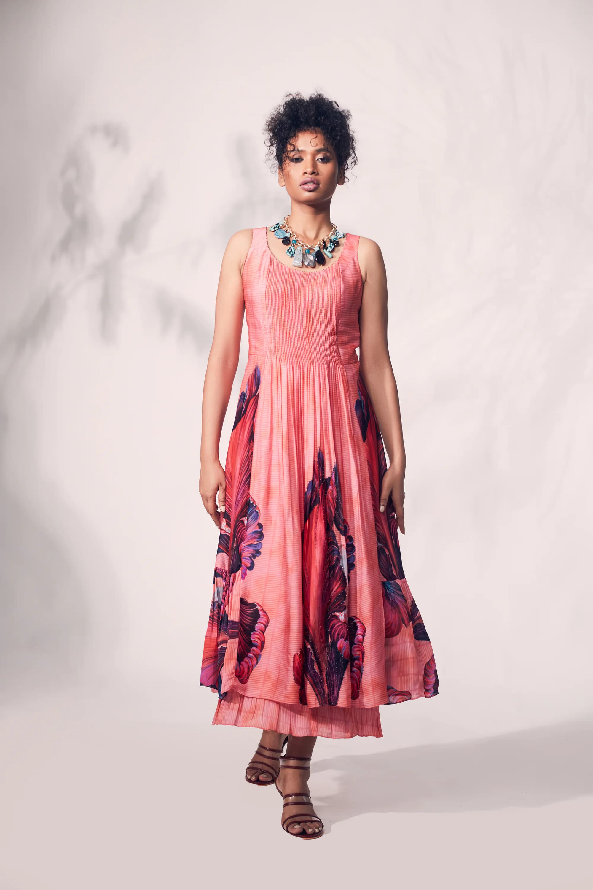 Pink Bamboo print with multi colour chrysanthemum printed flower.