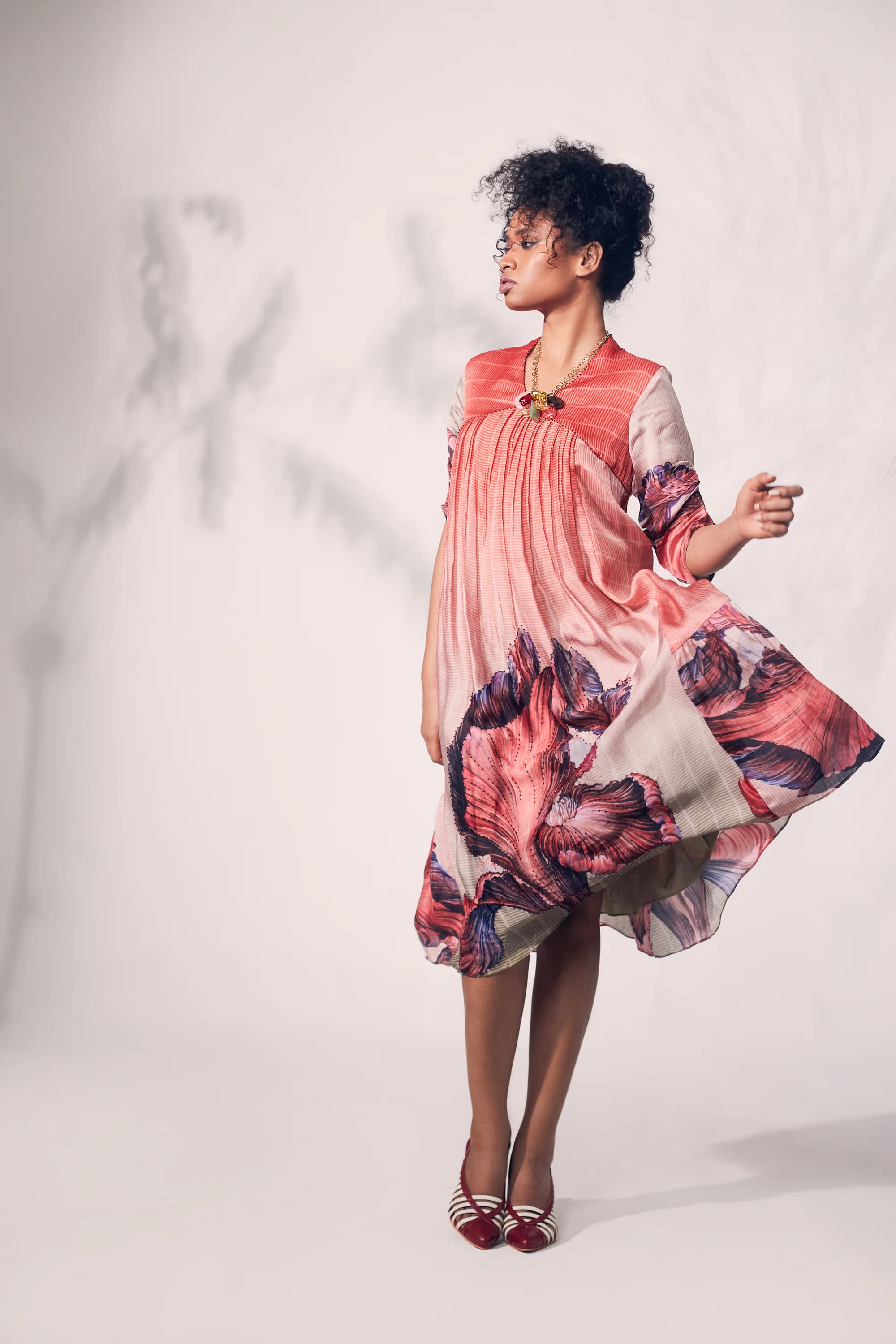 Ombre orange Bamboo print with multi colour chrysanthemum printed flower.