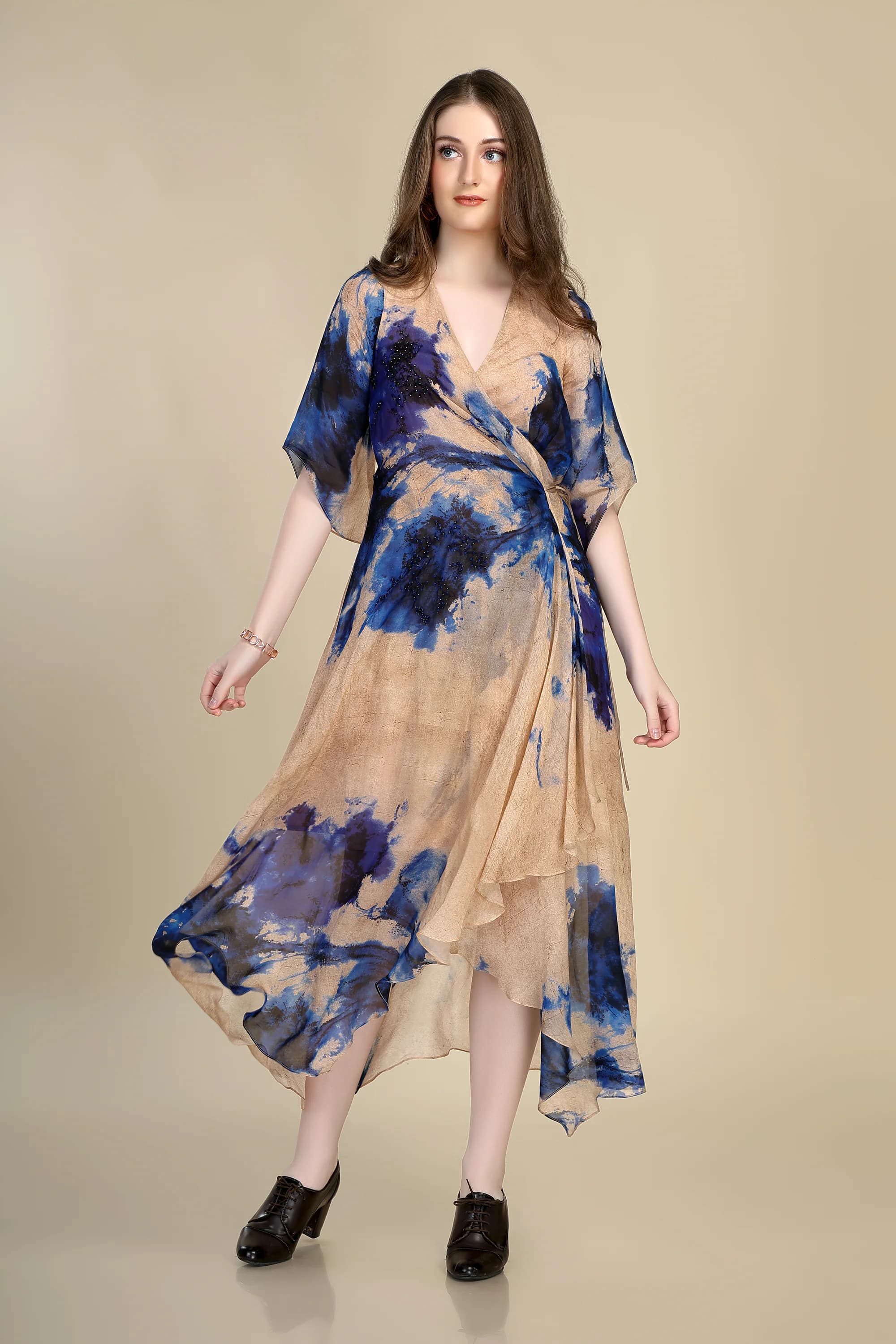 peach and ink blue water lily print